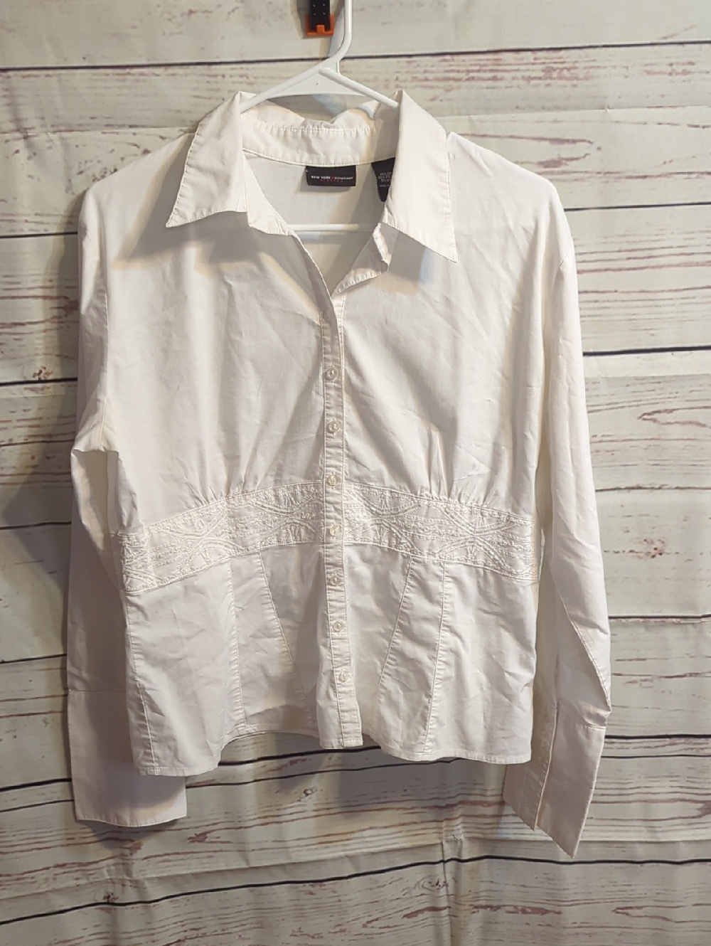 New York & Company White Button Up Blouse With Beaded Design